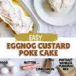 Eggnog custard poke cake with whipped topping and cinnamon on a white plate.