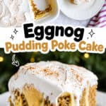 Eggnog Pudding Poke Cake with whipped topping and dusted with cinnamon.