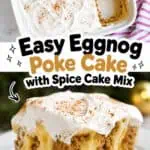 Eggnog poke cake with creamy frosting and spice topping, close-up view.