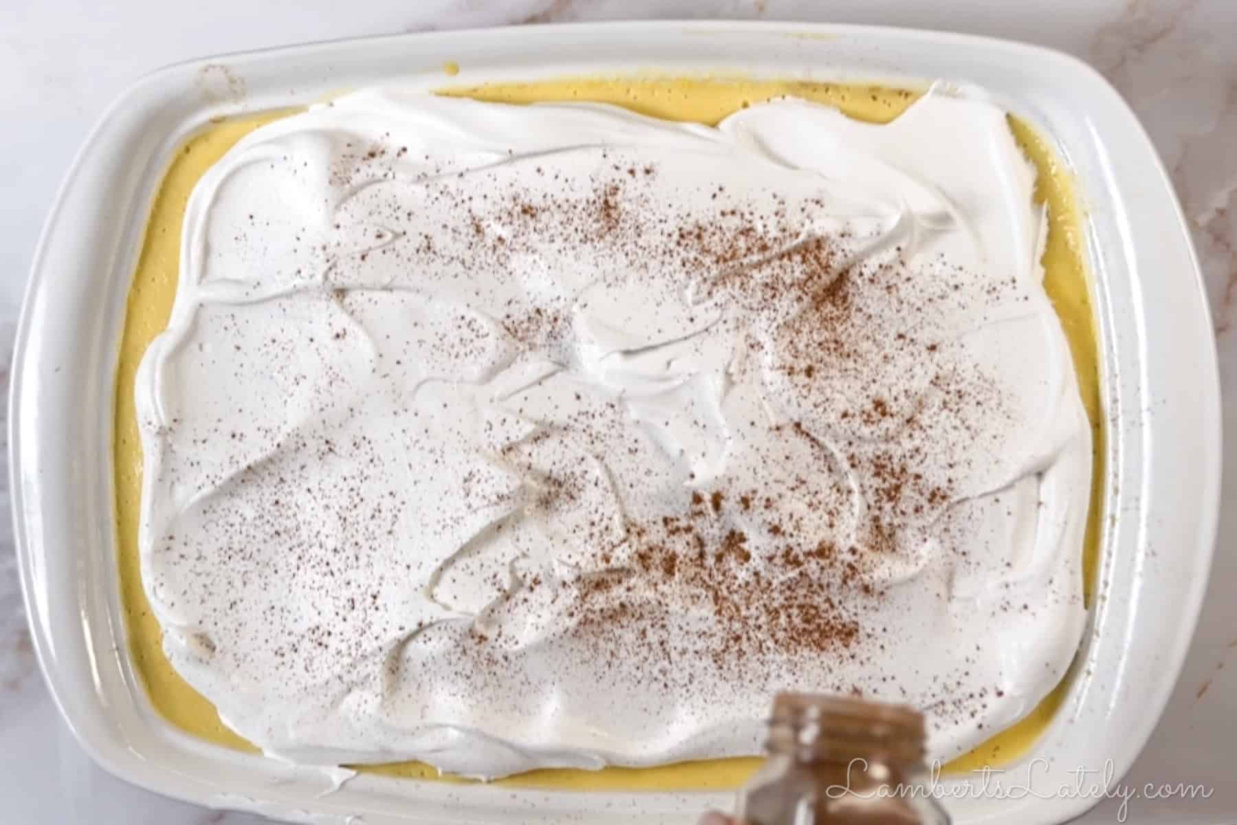 sprinkling cinnamon on top of the finished cake.