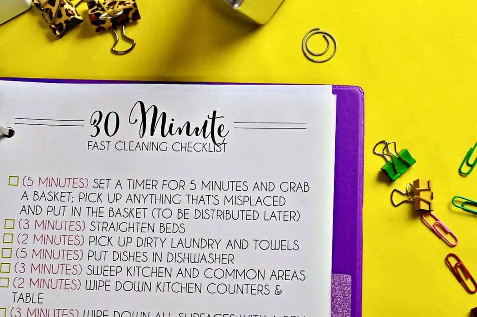 close up of a 30 minute cleaning checklist printable