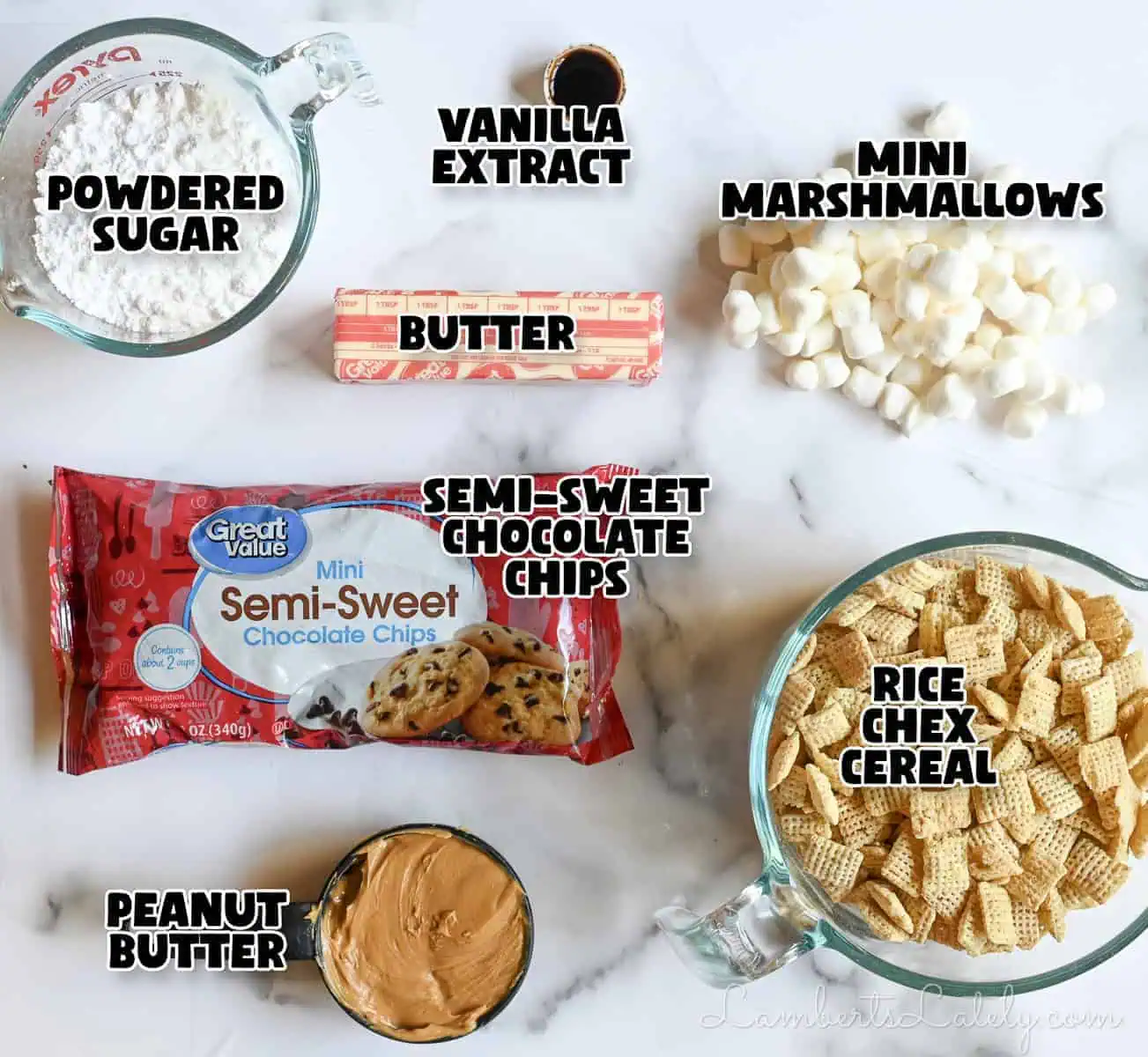 ingredients for no-bake muddy buddies cookies.