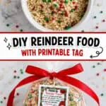 Reindeer food in a clear bag with printable tag and festive decorations.