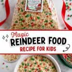 Festive reindeer food mix with colorful sprinkles in a clear bag and bowl.