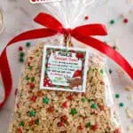 Reindeer food craft bag with festive label and colorful sprinkles for Christmas.