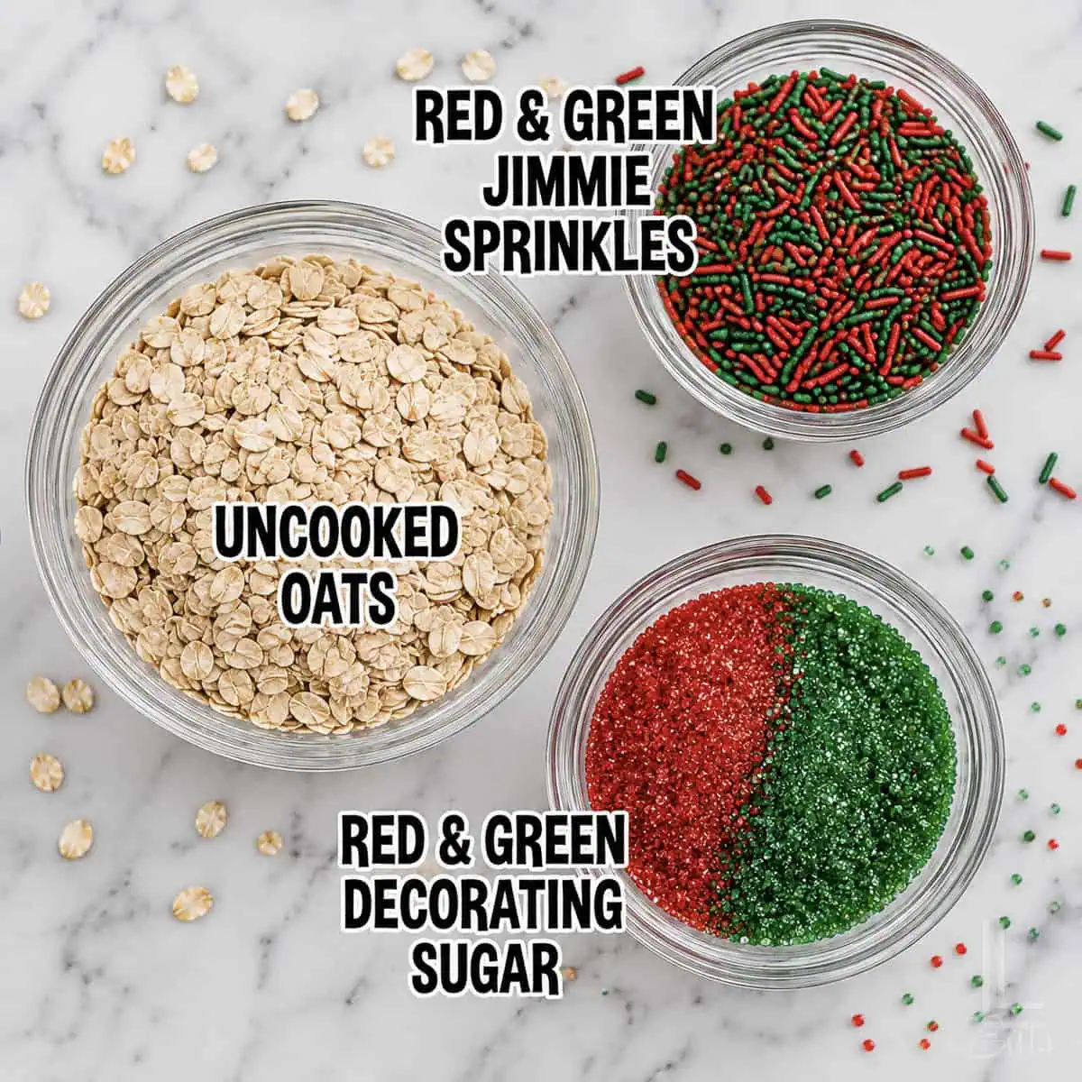 Red and green sprinkles, oats, and decorating sugar for reindeer food.