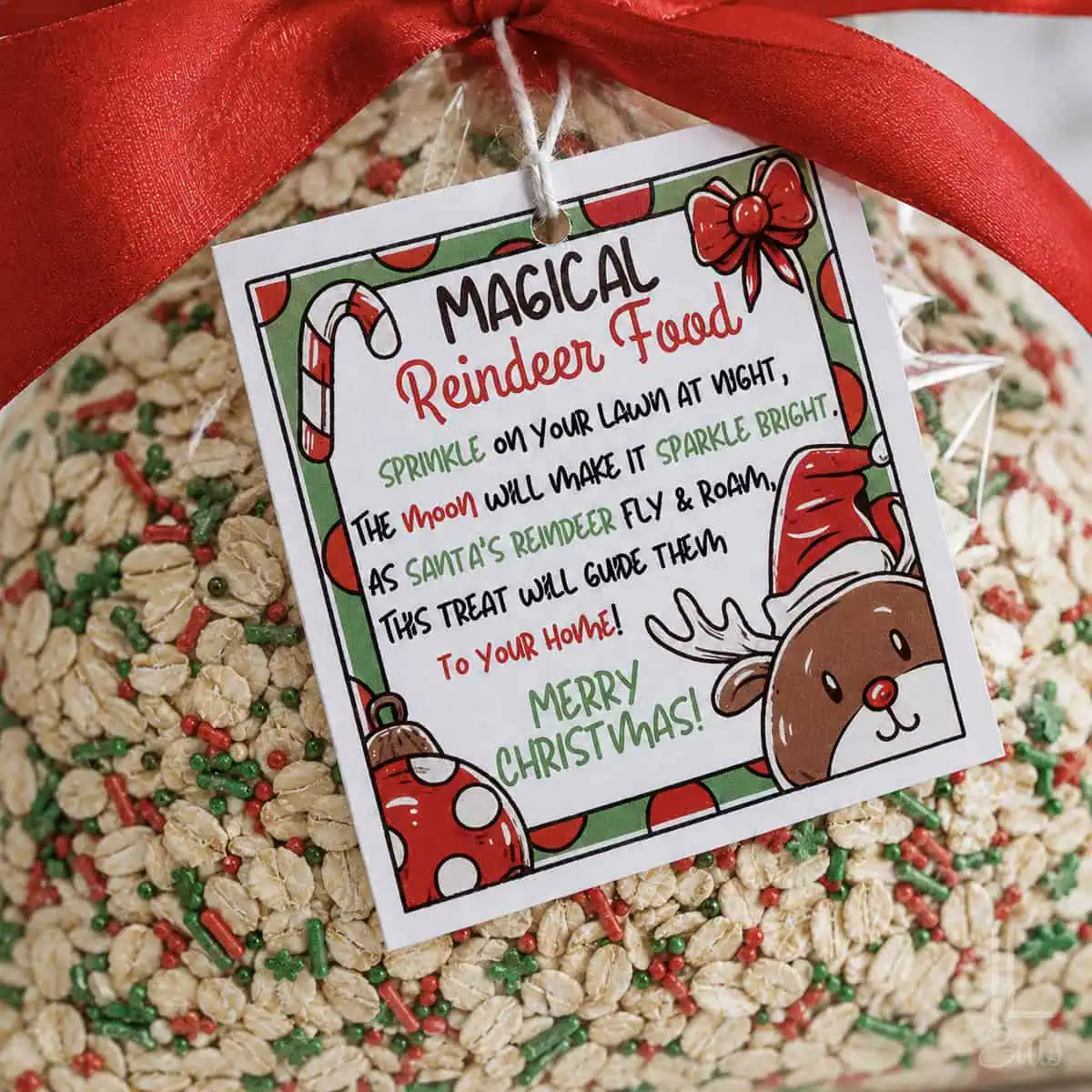 Reindeer food with a festive Christmas poem label printable and colorful decorations.