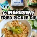 Fried pickle dip with crushed croutons and ingredients on a wooden table.