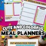 Colorful weekly meal planner templates with sections for meals and notes on a pink background.