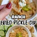 Close-up of ranch fried pickle dip with sliced cucumbers and crumbled crackers.