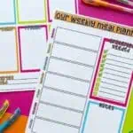 Weekly meal planner templates with colorful sections for meals, groceries, and notes.