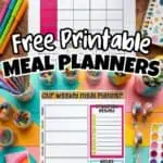 Colorful weekly meal planner template with sections for breakfast, lunch, dinner, and snacks.