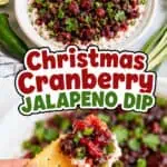 Christmas cranberry jalapeño dip with fresh herbs and lime on a white plate.
