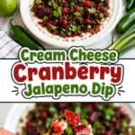 Colorful cranberry jalapeño dip served with a cracker, fresh lime, and jalapeños.