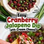 Close-up of cranberry jalapeño dip with cream cheese and fresh herbs in a bowl.