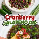 Cranberry jalapeño dip with fresh ingredients and a chip for dipping.