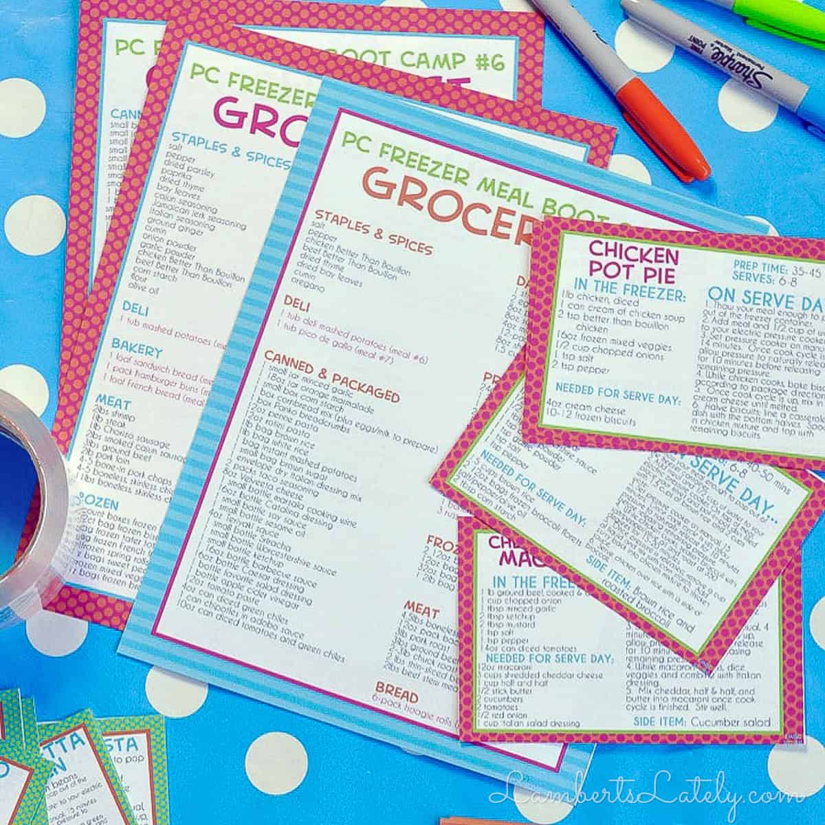 freezer meal boot camp grocery list and recipe card printables.