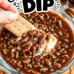 Close-up of a bowl of Pecan Pie Cheesecake Dip with a graham cracker stick.