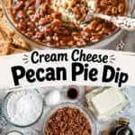Cream cheese pecan pie dip with ingredients on a marble surface.