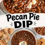 Close-up of pecan pie dip with a hand dipping a graham cracker into it, surrounded by graham cracker.