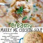 Close-up of creamy Marry Me Chicken Soup with herbs and chicken pieces.