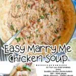 Creamy Marry Me Chicken Soup with herbs and chicken in a blue pot.