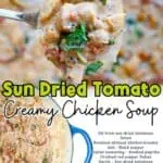 Sun dried tomato creamy chicken soup with spinach and cheese in a bowl.