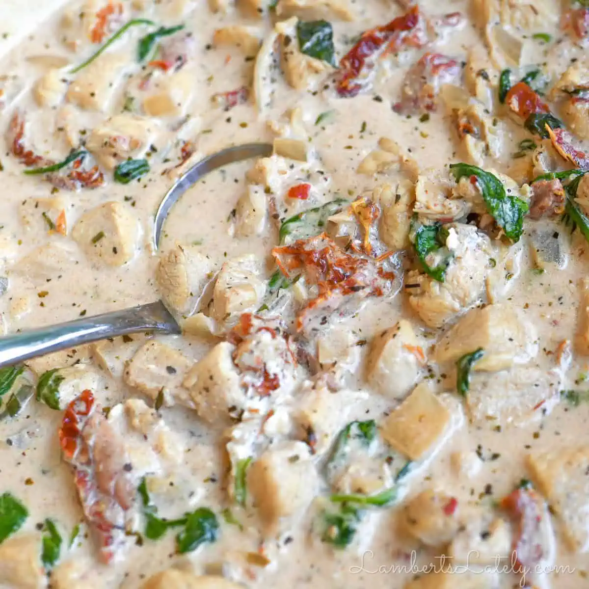 Creamy chicken soup with sun-dried tomatoes and spinach in a bowl.