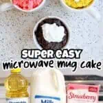 Colorful microwave mug cakes with whipped topping and ingredients on a speckled surface.
