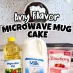 Colorful microwave mug cakes with milk, oil, and strawberry flavoring on a kitchen counter.