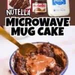 Nutella microwave mug cake with chocolate and Nutella topping in a mug.