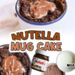 Delicious Nutella mug cake with melted Nutella and chocolate cake.