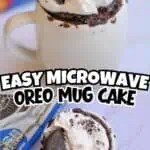 Delicious Oreo mug cake topped with whipped cream and Oreo cookie pieces.