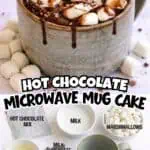 Hot chocolate mug cake topped with marshmallows and chocolate drizzle.