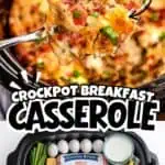 Loaded sausage, rotel, and cheese breakfast casserole with fresh green onions.
