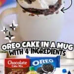 Delicious Oreo mug cake with whipped cream and cookie topping in a mug.