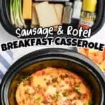 Crockpot breakfast casserole with eggs, sausage, cheese, and bread in a slow cooker.