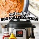 Instant Pot with shredded BBQ pulled chicken and ingredients on the side.