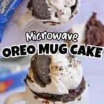 Delicious Oreo mug cake topped with whipped cream and Oreo cookies.
