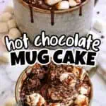 Delicious hot chocolate mug cake topped with marshmallows and chocolate syrup.