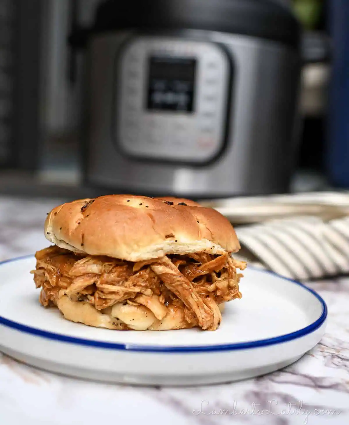 barbecue chicken sandwich on a plate in front of an instant pot.