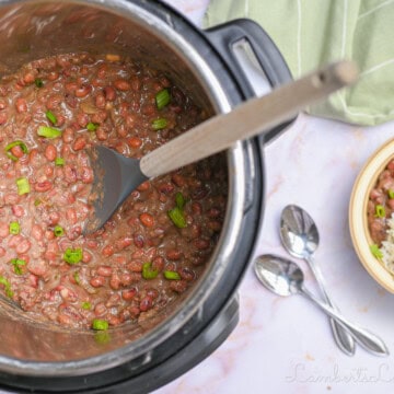 red beans and rice in an instant pot, with a spoon, next to a serving in a bowl.