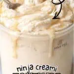 Homemade vanilla ice cream in a glass jar with a spoon, made with 3 ingredients.