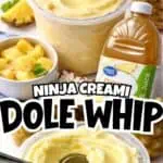 Creamy pineapple Dole Whip in a clear cup with pineapple and juice bottles in background.