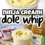 Creamy pineapple Dole Whip in a clear cup with ingredients around it.