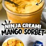 Close-up of homemade mango sorbet in a glass jar with a spoon, featuring diced mango and a can of Jū.