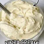 Homemade vanilla ice cream in a bowl with text overlay about ingredients and recipe.
