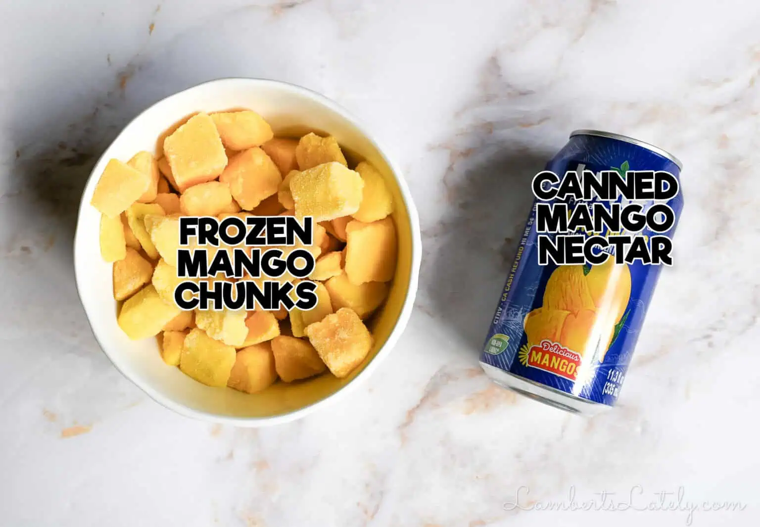 2 ingredients for mango sorbet - frozen mango chunks and canned mango nectar.