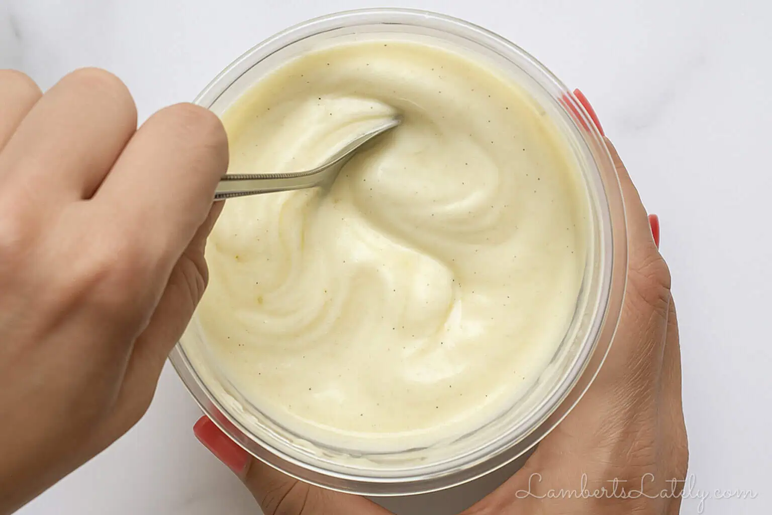 stirring vanilla ice cream ingredients in a ninja creami pint container.