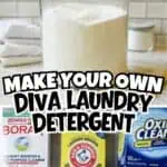 Homemade DIY laundry detergent powder in a glass jar with cleaning supplies nearby.